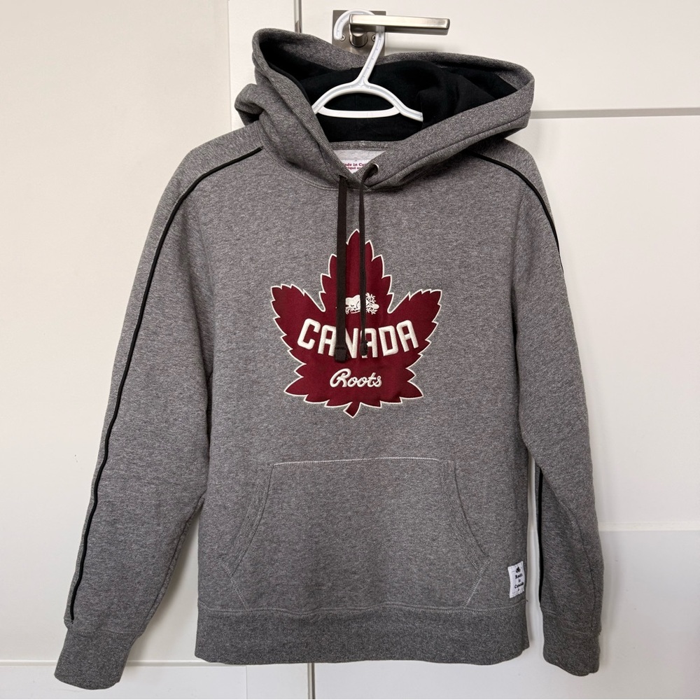 Roots Grey Hoodie with Maroon Canada Maple Leaf